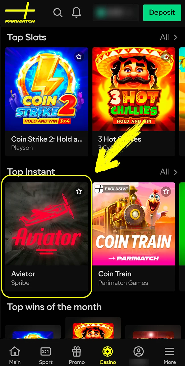 Locate and open the thrilling Aviator game on the Parimatch platform now.