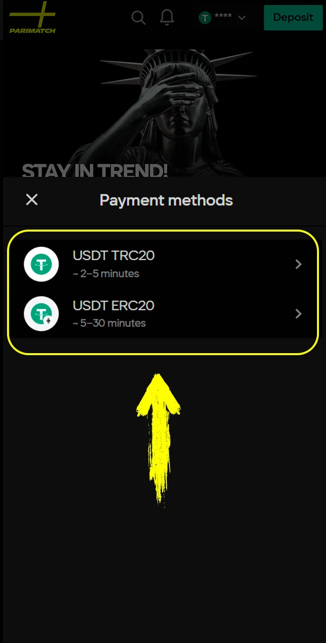 Choose your preferred payment method from the available options in the Parimatch app.