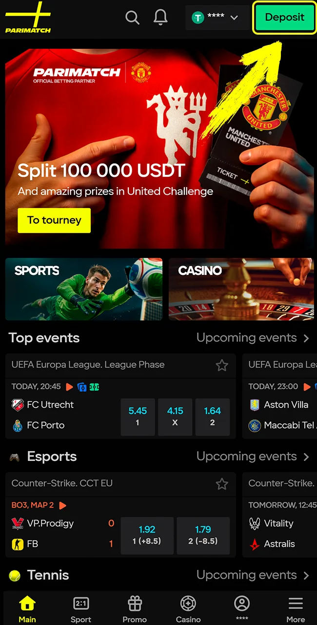 Tap the Deposit button found in the main menu of the Parimatch app.