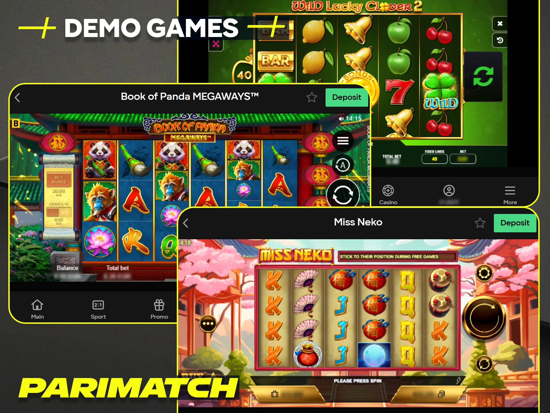 Try out many slot games for free with the available demo games at Parimatch.